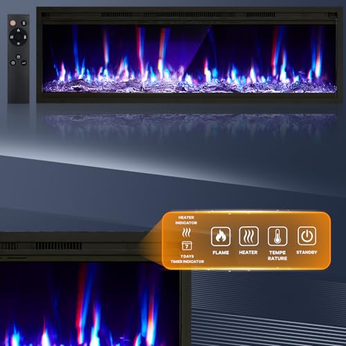 Garvee 60 in Electric Fireplace Inserts, 750/1500W Recessed and Wall Mounted Fireplace Heater with Remote Control, Adjustable Flame Color & Brightness, 9H Timer, Log & Crystal, Black Garvee