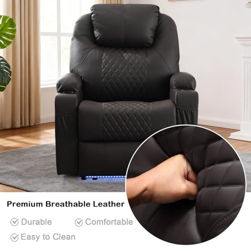 Power Recliner Chair with Heat and Massage for Adults - Home Theater Seating with LED Lights,Cup Holders,Side Pocket,USB Port - Recliner Sofa for Living Room (Brown, Single Recliner)