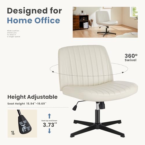 DUMOS Criss Cross Chair Legged Office Wide Comfy Desk Seat, No Wheels Armless Computer Task Seating, Swivel PU Leather Vanity Home Height Adjustable DUMOS