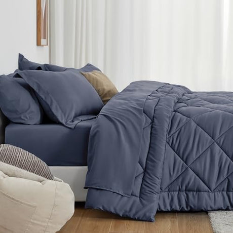 Love's cabin King Size Comforter Set Navy Blue, 7 Pieces King Bed in a Bag, All Season Bedding Sets with 1 Comforter, 1 Flat Sheet, 1 Fitted Sheet, 2 Pillowcase and 2 Pillow Sham Love's cabin