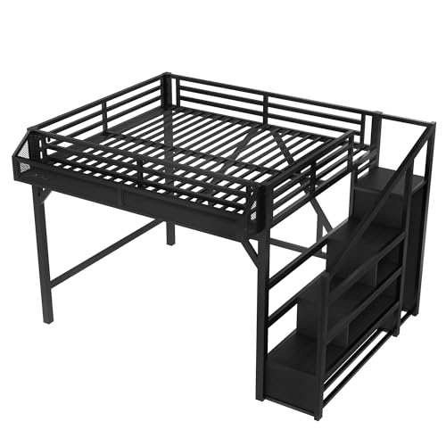 Bellemave Queen Loft Bed with Stairs and Wardrobe, Queen Size Loft Bed with Charging Station, Lights and Bedside Shelf, Heavy Duty Loft Bed Frame for Adults, Teens, Kids, Noise Free, Black Wood Bellemave