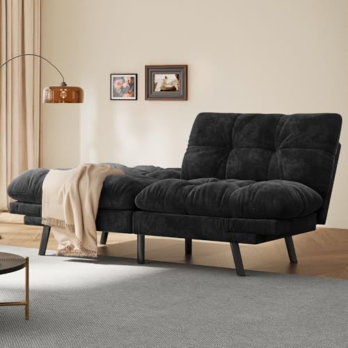 YITAHOME Futon Sofa Bed with 3-Position Adjustable Backrest & Armrests, Upholstered Loveseat Couch Bed, Expandable Foldable Design for Living Room, Bedroom, Small Apartments, Black YITAHOME