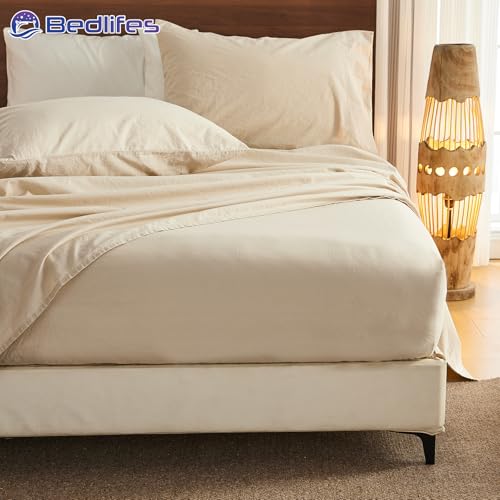 Bedlifes 100% French Pure Linen Sheets Queen Size Breathable and Cooling Flax Sheet Set Soft Durable and Moisture Wicking 16 Inch Deep Pocket-4 Piece(Queen,Linen) Bedlifes