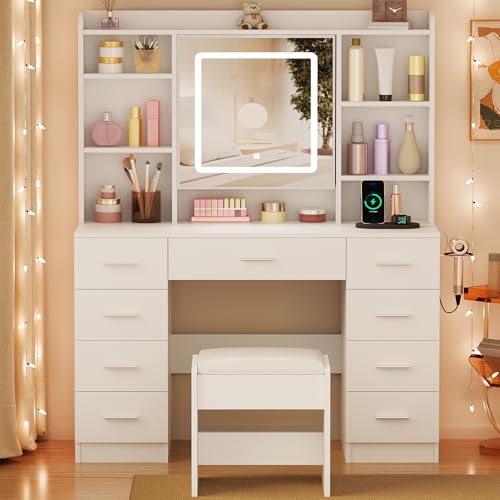 BEWISHOME Vanity Desk with Mirror and Lights, Makeup Vanity Table with Power Outlet,Stool Vanity Table with 9 Drawers 6 Storage Shelves Jewelry Storage,Dressing Table for Bedroom Girls White FST36W BEWISHOME