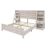 LUXOAK Full Bed Frame with Bookcase Headboard & 4-Tier Bedside Shelf, Farmhouse Platform Bed with Charging Station and 2 Drawers, Noise-Free, No Box Spring Needed, Rustic White LUXOAK