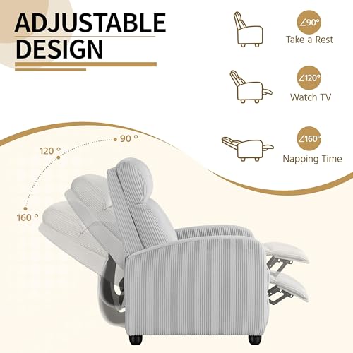 Yaheetech Recliner Chair Corduroy Recliner Sofa with Lumbar Support High-Density Foam & Pocket Springs, Push Back Armchair for Living Room Bedroom Home Theater Light Gray