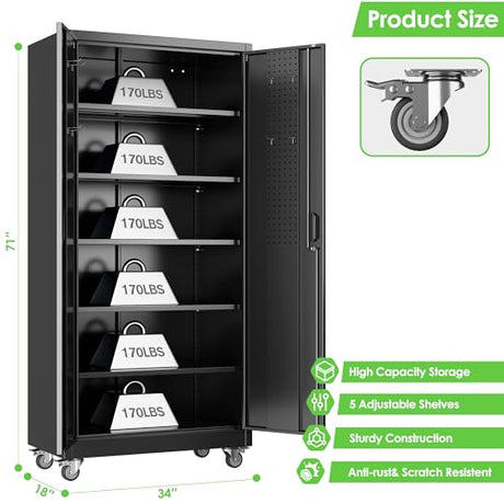 JAORD Garage Storage Cabinet with Wheels and Pegboard, Lockable Metal Storage Cabinet with 5 Adjustable Shelves and 4 Hooks for Garage,Warehouse, Assembly Required, Black, 71" H x 34" W x 18" D JAORD