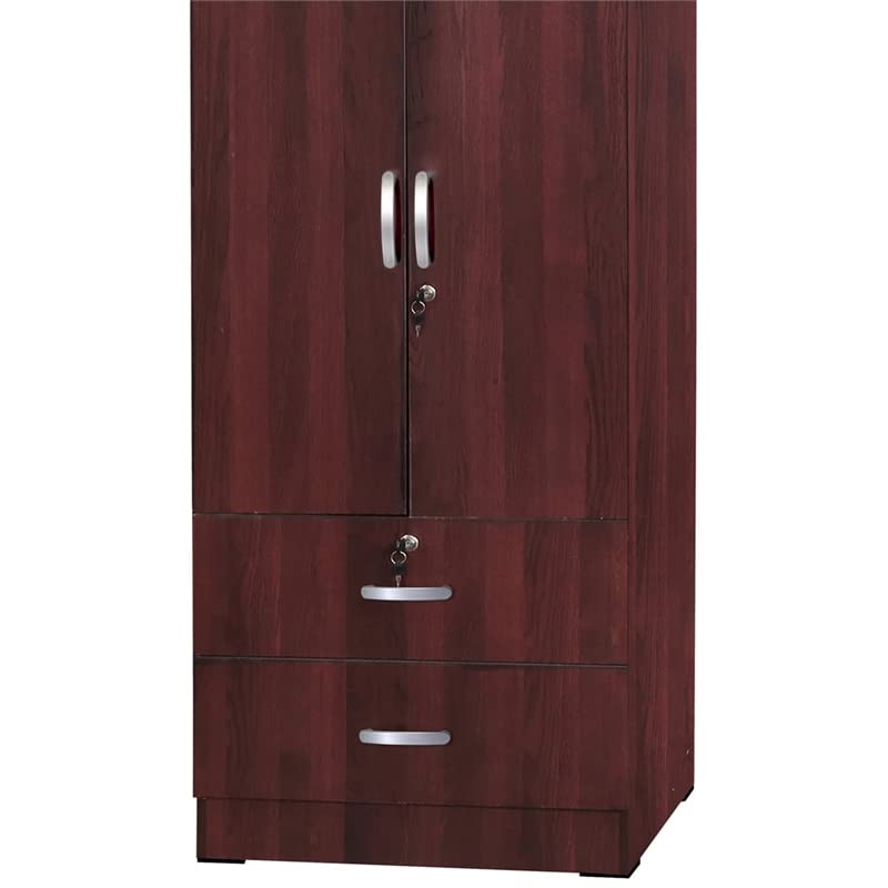 Pemberly Row 72" H Contemporary Engineered Wood Wardrobe Armoire with 2 Lockable Smooth Doors & 2 Full Size Drawers, Assembly Required, in Mahogany Finish Pemberly Row