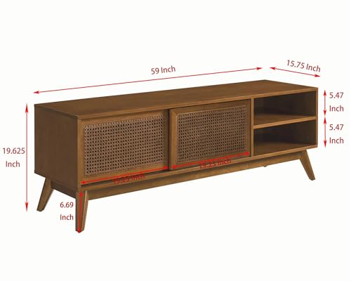 LKTART 59 Inch Mid Century Modern TV Stand with Rattan Cabinet Doors, Entertainment Center for living room Solid Wood Feet Light Wood - WoodArtSupply