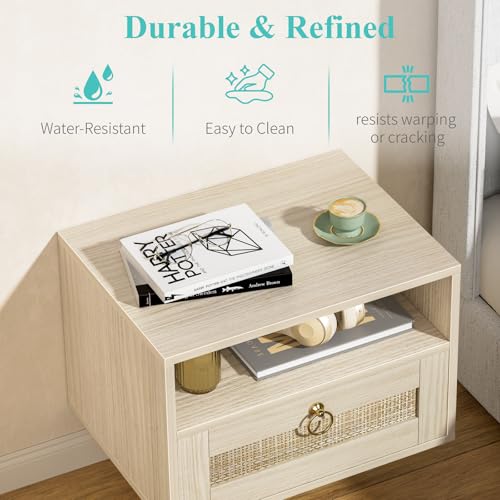 IGERI Floating Nightstand with Drawer for Wall Mounted Hanging Rattan Night Stand Bed Side Tables Wooden End Table Small Boho Dressers Farmhouse Shelves for Bedroom IGERI