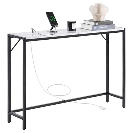 VEVOR Marble Console Table, Modern Narrow Long Console Table with Power Outlet, Thin Sofa Side Table with Iron Tubes, Anti-Tip Device and Triangular Support for Living Room, Hallway, Entryway, Foyer VEVOR