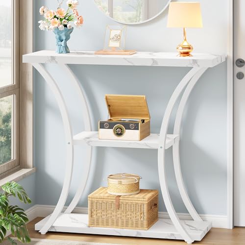 Hoctieon 3 Tier Console Table with Open Wood Shelves, Decorative Entryway Table with Curved Metal Frames, Narrow Sofa Table for Entrance, Living Room, Hallway, White Marbled Hoctieon