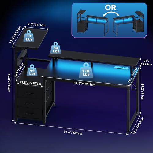 DUMOS L Shaped Gaming Desk with Shelves Storage Drawers 52'', Black Computer Desks with LED Lights Power Outlets, Office Wood Table with PC Stand Cable Management for Bedroom Dual Monitor Streaming DUMOS
