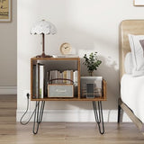 GOFLAME Record Player Stand, Turntable Stand with Charging Station, Vinyl Storage End Table with Metal Legs, Mid-Century Record Player Table for Study, Bedroom, Living Room, Rustic Brown GOFLAME
