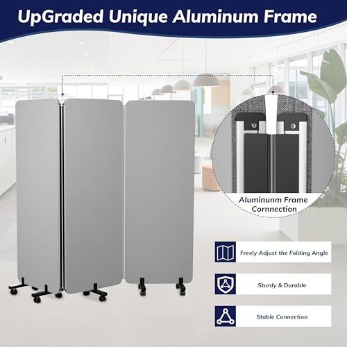 KERRAM 3 Panel Foldable Office Partitions, Mobile Cubicle Wall with Wheels, 71 x 66 Inch Noise Cancelling & Sound Proof Room Dividers Partition Wall, Aluminum Frame Gray KERRAM