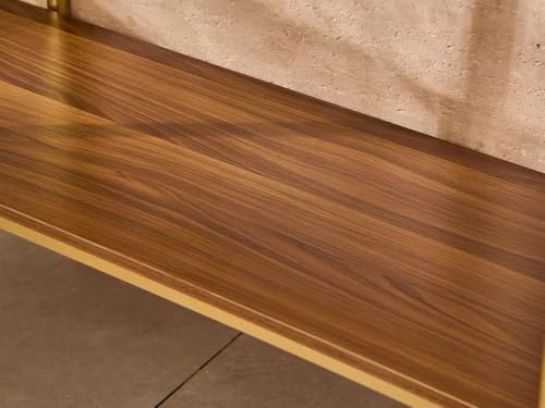 Glass Console Table for Living Room, Foyer & Entrance, 2-Tiers Mid-Century Modern Sofa Table with Amber Glass Top, 41" D x 14" W x 31.5" H, Walnut Finish Wood Shelf and Gold Finish Frame Shrine