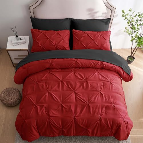 Ubauba 7pc King Size Comforter Set with Sheets, All Season Pintuck 7 Piece Bedding Sets Red and Black, Pinch Pleating Bed in a Bag Set with Comforters (Red and Black,King)