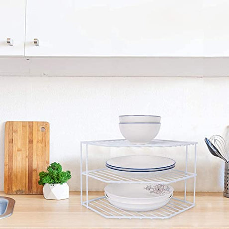 JBESUHI 3-Tier Corner Shelf Counter and Cabinet Organizer -Countertop Organizer - Cabinet Corner Rack for Plate - Cabinet & Pantry Kitchen Organization (White) JBESUHI