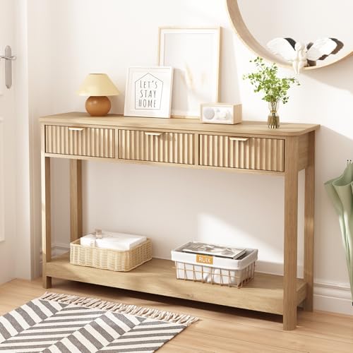 HOKYHOKY Fluted Console Table with Drawers, Modern 47.1" Entryway Table with Storage Shelf, Boho Narrow Skinny Behind Couch Wood Sofa Table for Living Room Hallway Entrance Foyer, Natural HOKYHOKY