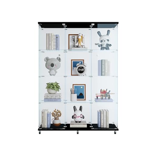 Glass Display Cabinet with 12 Shelves with 3 Columns, 4 Tier Curio Cabinet with Doors, Fast Installation, Floor Standing Tempered Glass Collection Display Showcase for Bedroom, Living Room (Black-A) AONYAYBM
