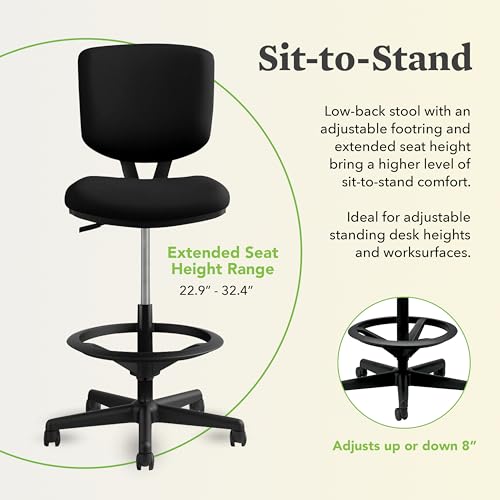 HON Volt Standing Desk Chair, Leather Office Chair with Foot Rest, Armless Drafting Stool, Ergonomic Recline and Center Tilt, for Computers, Offices, Work, Black HON