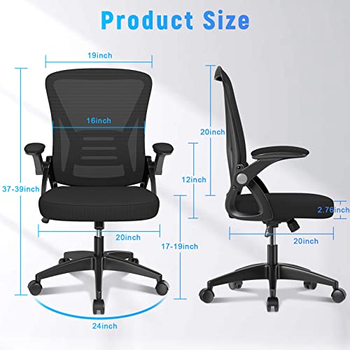 naspaluro Ergonomic Office Chair, Mid Back Desk Chairs with Adjustable Height, Swivel Chair with Flip-Up Arms and Lumbar Support, Breathable Mesh Computer Chair for Home/Study/Working, Dark Black naspaluro
