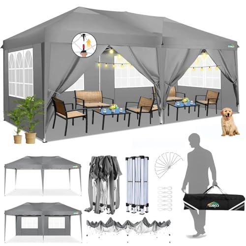 COBIZI 10x20 Pop Up Canopy Tent with 6 Sidewalls Party Tents Waterproof UPF 50+ Commercial Instant Outdoor Events Tent for Parties Markets Backyard, Ropes（10 x 20 ft Gray COBIZI