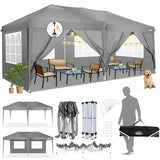 COBIZI 10x20 Pop Up Canopy Tent with 6 Sidewalls Party Tents Waterproof UPF 50+ Commercial Instant Outdoor Events Tent for Parties Markets Backyard, Ropes（10 x 20 ft Gray COBIZI