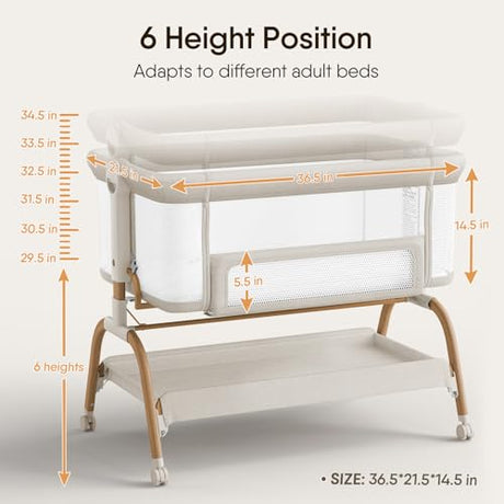 Baby Bassinet Bedside Crib, 3-in-1 Baby Bassinet Bedside Sleeper with Mattress and Soft, Breathable Sheet, Full-Mesh Sides, 6-Height Adjustable, Stable and Secure Crib for Newborns BabyBond