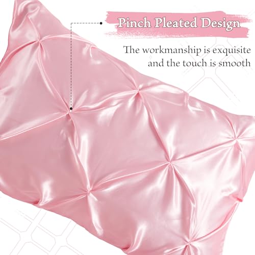 P Pothuiny 3-Piece Set Pintuck Satin Pillowcases & Queen Fitted Sheet, Blush Pink Satin Sheet Silky Soft Luxury Romantic Pinch Pleated Bedding Bedroom Dorm Decor, 15 Inch Deep Pocket P Pothuiny