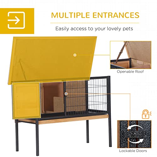 PawHut Rabbit Hutch Elevated Bunny Cage Small Animal Habitat with Metal Frame, No Leak Tray, Mtetal Wire Pan and Openable Water-Resistant Asphalt Roof for Indoor/Outdoor Natural Wood - WoodArtSupply