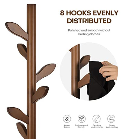 Coat Rack Freestanding Bamboo Coat Tree Rack with 8 Leaf Hooks, 3-Size Height Adjustable for Adults & Younger, Clothes Hanger Stand for Jacket, Hat, Entryway/Hallway/Corner/Bedroom (Vintage Brown) Bekrvio