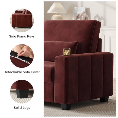 COPIAE Loveseat Sofa, Larger Couch Velvet Fabric with Storage, Charging Ports, Heightened Backrests, Removable Cover Modern Comfy Couches Easy Assembly for Living Room, 88 Inch Burgundy COPIAE