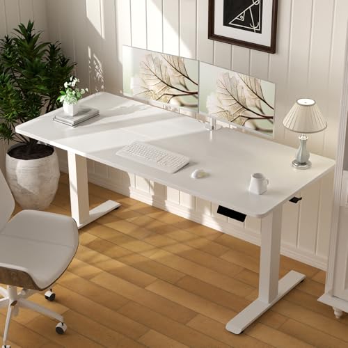 Veken 55 x 23.6 Inch Electric Standing Desk with Adjustable Height, Sit to Stand Computer Table for Study, Work or Gaming, Home Office Desk White Veken