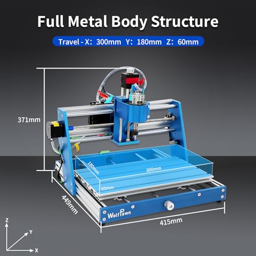 WolfPawn CNC Router Machine 3018 Blue All-Metal for Beginner with Emergency-Stop 3 Axis GRBL Control Engraving Machine Milling Carving for Wood Acrylic MDF PVC Plastic, 300X180X60mm (775Motor) WolfPawn