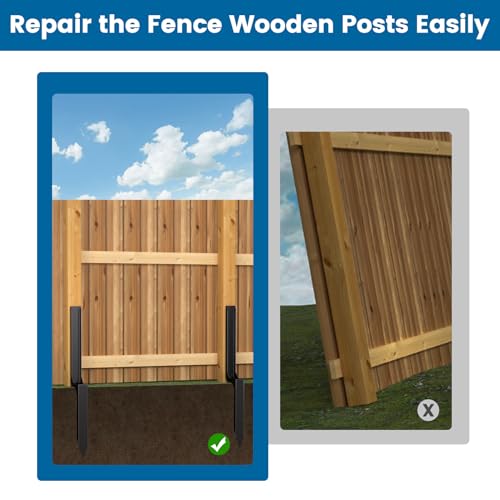 Muzata 4Pack Fence Post Repair Kit Fence Post Stakes Heavy Duty Black Steel Post Anchor Ground Spike Quick Easy for 4x4 6x6 Tilted Broken Wood Fence Post Repair WT16 Muzata