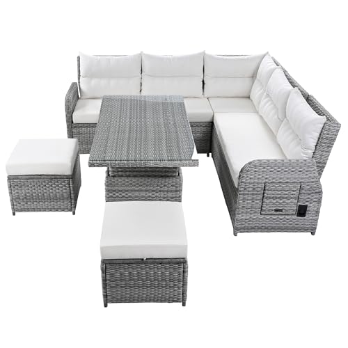 YOPTO 8-Piece Outdoor Furniture Couch Set,Rattan Patio Conversation Sectional Sofa Set with Adjustable Table,Recliners W/Extendable Side Tables & 2 Movable Ottomans,for Patio,Lawn,Backyard,Pool,Beige YOPTO