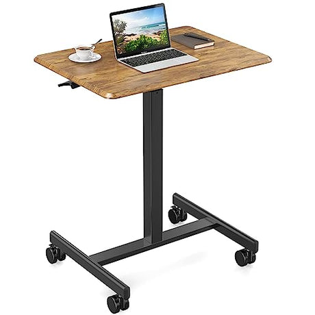Sweetcrispy Small Mobile Standing Desk, Rolling Laptop Computer Carts, Portable Laptop Desk with Wheels, Adjustable Height Table for Home Office, Rust Brown Sweetcrispy
