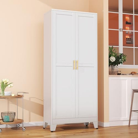 winiowa Metal Pantry Cabinet with 2 Doors and Adjustable Shelves - 71" Kitchen Storage Cabinet with Gold Handles - Versatile Storage for Kitchen, Bathroom, Dining Room, Utility Room - White winiowa