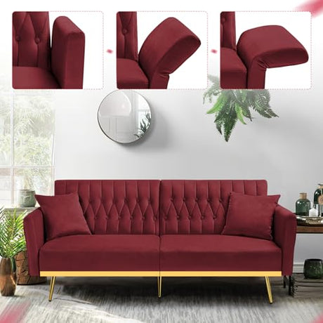 ACMEASE 70” Velvet Futon Sofa Bed with 2 Pillows and Adjustable Armrests, Convertible Sleeper Bed W/Adjustable Backrests, Modern Loveseat for Living Room, Bedroom, Red ACMEASE