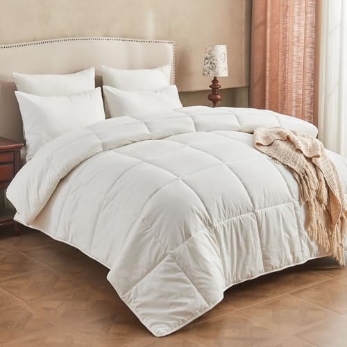 KUSNUG Climaloft Hybrid Wool Comforter Queen Size with 100% Organic Cotton, Hypoallergenic Down Alternative Luxury Duvet Insert with Tabs, Temperature Regulating All-Season Bedding, White KUSNUG