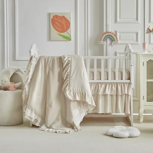 Lace Ruffle Crib Bedding Set 3 Pieces Baby Boho Lace Quilted Comforter with Fitted Sheet and Bed Skirt - Cute Ruffled Shabby Chic Baby Bedding Soft Blanket Design Pink UOZZI BEDDING