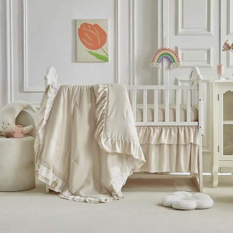 Lace Ruffle Crib Bedding Set 3 Pieces Baby Boho Lace Quilted Comforter with Fitted Sheet and Bed Skirt - Cute Ruffled Shabby Chic Baby Bedding Soft Blanket Design Pink UOZZI BEDDING