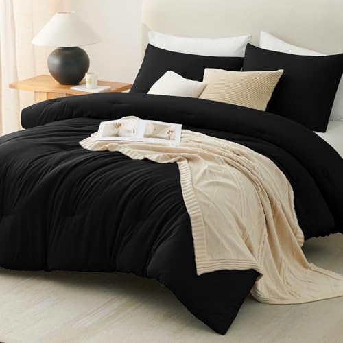 CozyLux Black Comforter Set Twin/Twin XL Size, 2 Pieces Twin Extra Long Solid Breathable Quilted Bedding Sets, Luxury Fluffy Soft Bed Set with Down Alternative Comforter and 1 Pillowcase All Season CozyLux