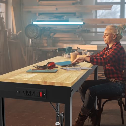 Antifir 48" Heavy Duty Workbench 1800 Lbs Capacity Solid Wood Working Bench Adjustable Height Work Tables with Power Outlets for Garage Shop Home Office Antifir