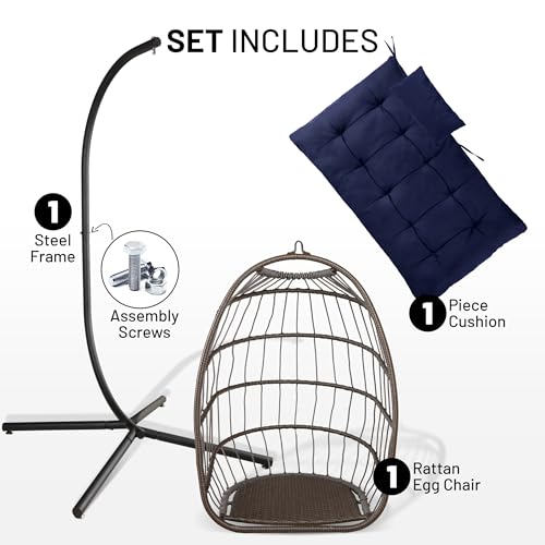 SereneLife Egg Chair with Stand – Hanging Rattan Wicker Swing for Indoor Outdoor Use – 350 lbs Capacity, Breathable Cushion & Headrest – Patio, Balcony, Porch, Bedroom Lounge Furniture SereneLife