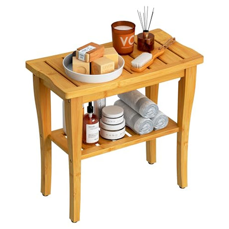 oridom Bamboo Shower Bench Stool with Storage Shelf, Waterproof Shower Chair Spa Bath Seat, Shower Stool for Inside Shower, Bathroom Bench Seat for Adults Elderly Seniors for Indoor or Outdoor Use oridom