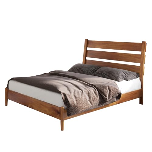 AMERLIFE Mid Century Solid Wood Bed Frame with Reclining Headboard in Light Brown - WoodArtSupply