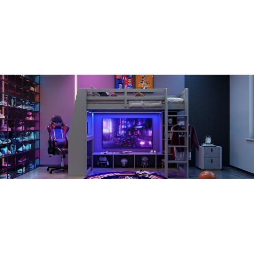 Wooden Gaming Loft Bed with LED Desk, Twin Size Gaming Loft Bed with Storage Shelves and Hanging Clothes Rack, Grey Bellemave