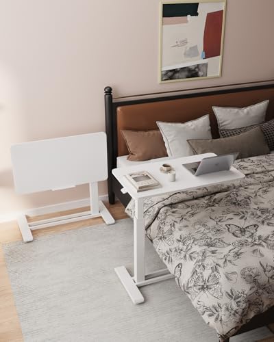 FLEXISPOT H7 PRO Mobile Standing Desk Adjustable Overbed Table Pneumatic with Wheels 90°Tiltable Portable Laptop Desk Rolling Computer Cart Foldable Bedside Table(31.5" W x 17.7" D, White) FLEXISPOT